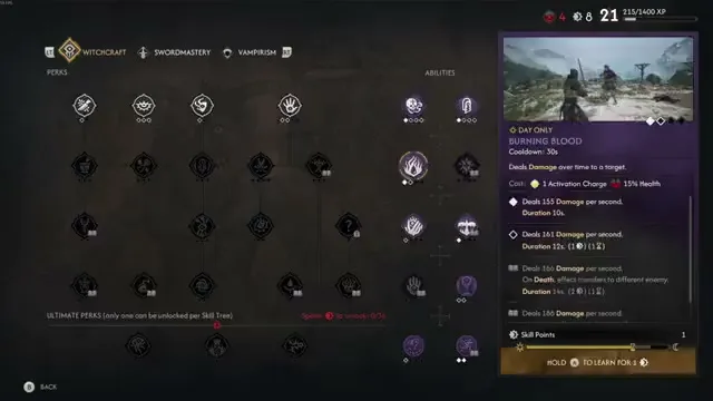 The Blood of Dawnwalker — skill tree overview with three growth paths